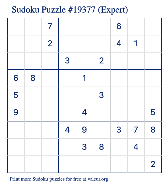 Free Printable Expert Sudoku Puzzle number 19377