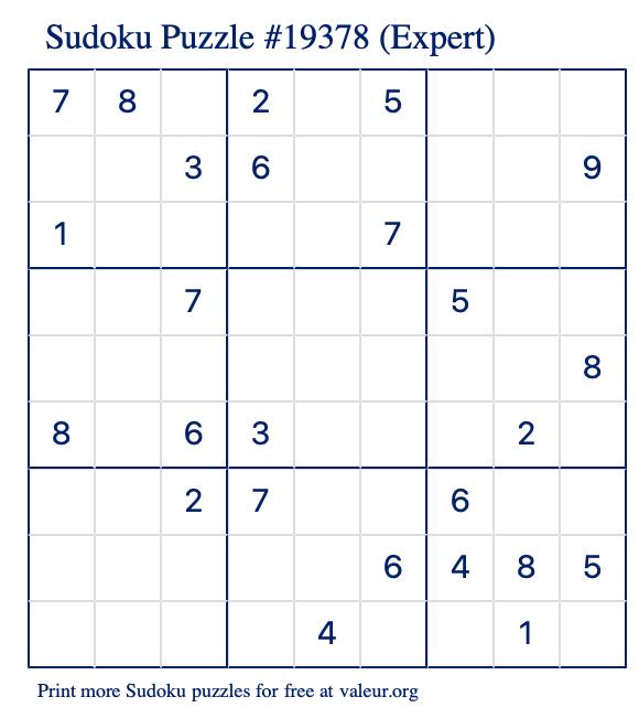 Free Printable Expert Sudoku Puzzle number 19378