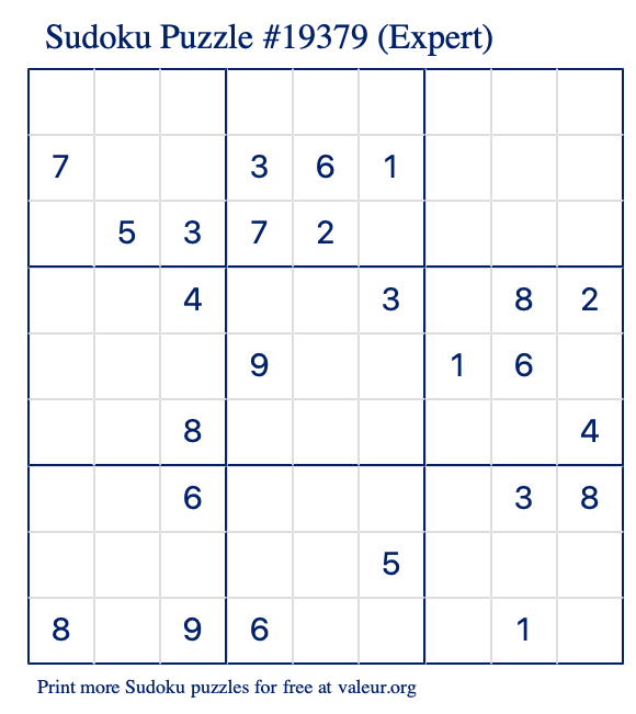 Free Printable Expert Sudoku Puzzle number 19379