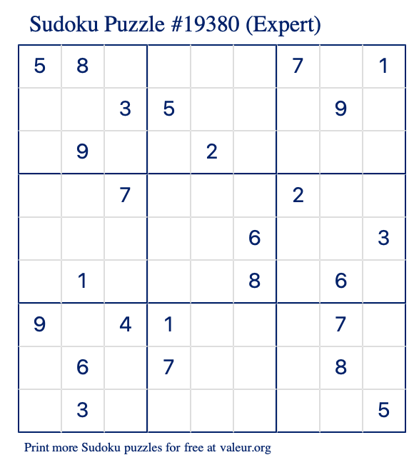 Free Printable Expert Sudoku Puzzle number 19380