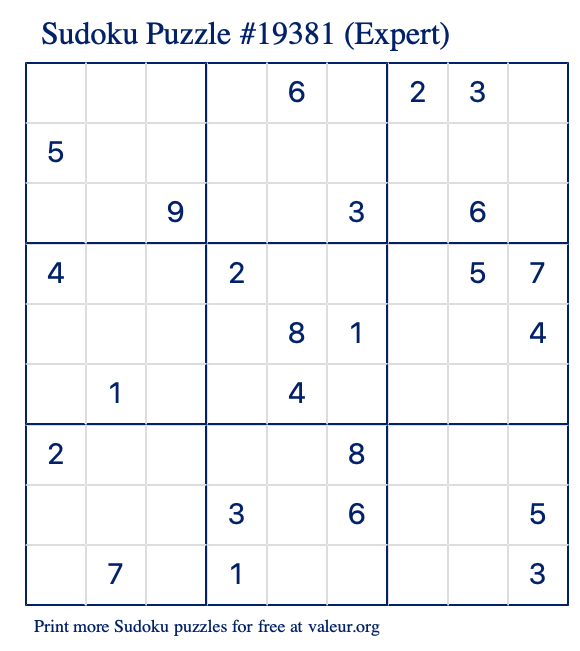 Free Printable Expert Sudoku Puzzle number 19381