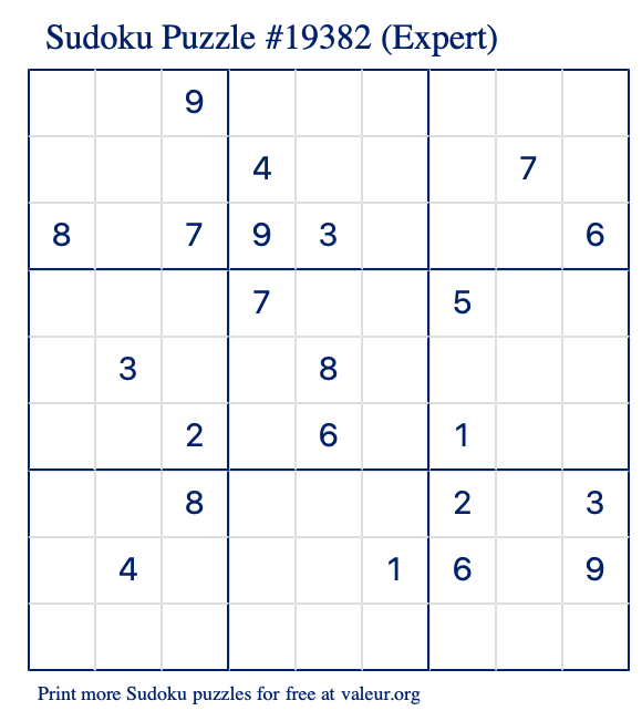 Free Printable Expert Sudoku Puzzle number 19382