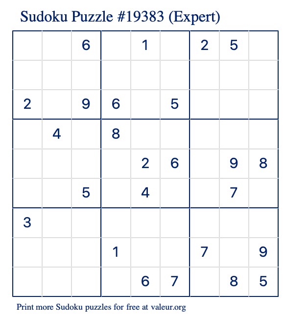 Free Printable Expert Sudoku Puzzle number 19383