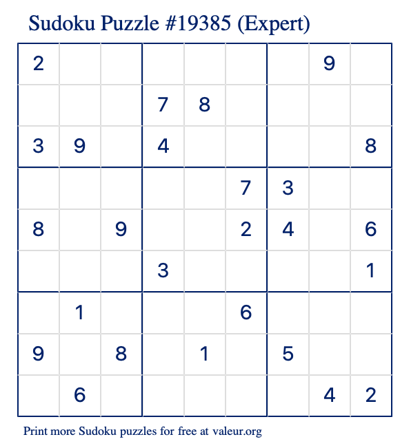 Free Printable Expert Sudoku Puzzle number 19385