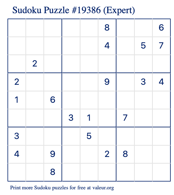 Free Printable Expert Sudoku Puzzle number 19386