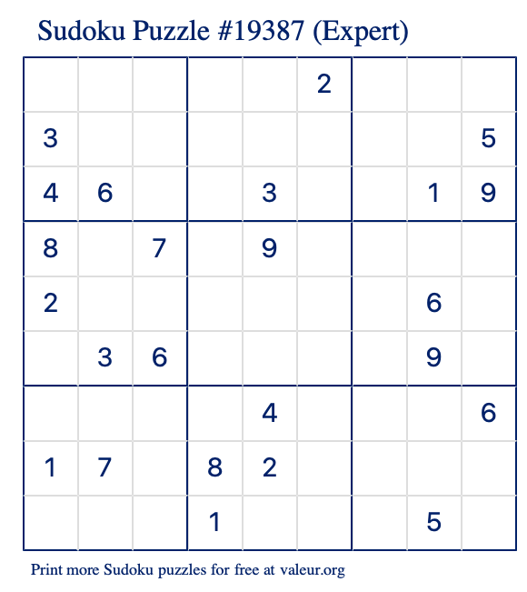 Free Printable Expert Sudoku Puzzle number 19387