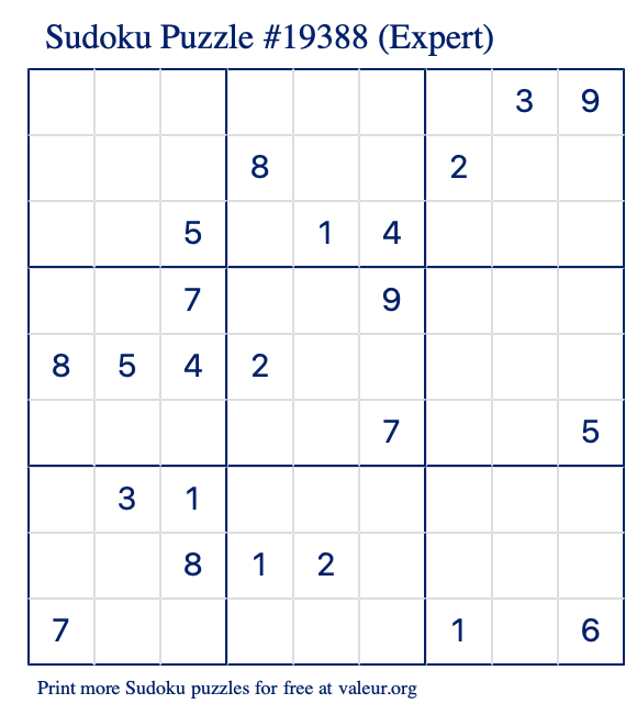 Free Printable Expert Sudoku Puzzle number 19388