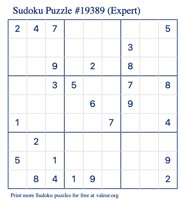 Free Printable Expert Sudoku Puzzle number 19389
