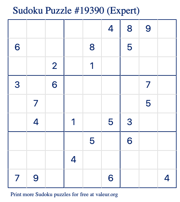 Free Printable Expert Sudoku Puzzle number 19390