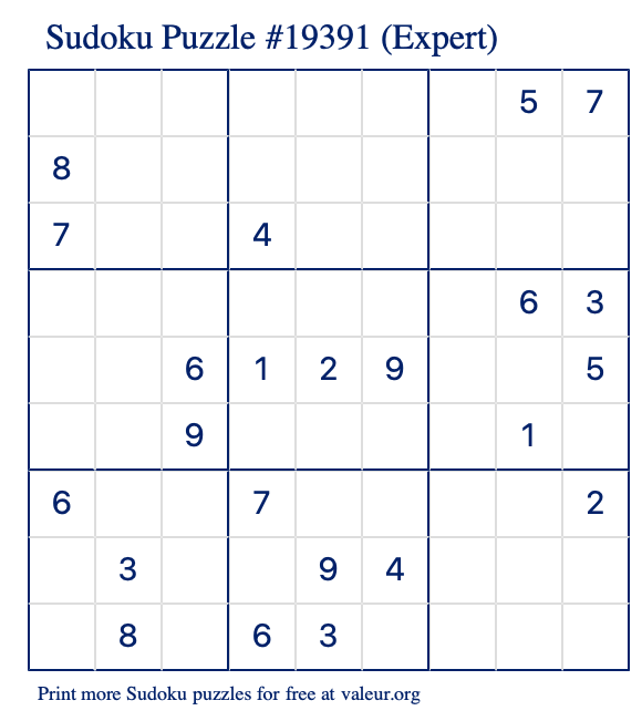 Free Printable Expert Sudoku Puzzle number 19391
