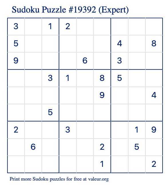 Free Printable Expert Sudoku Puzzle number 19392