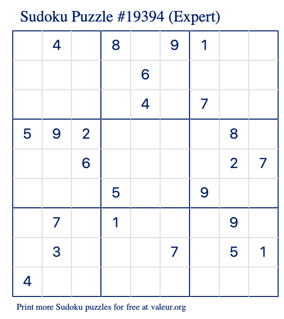 Free Printable Expert Sudoku Puzzle number 19394