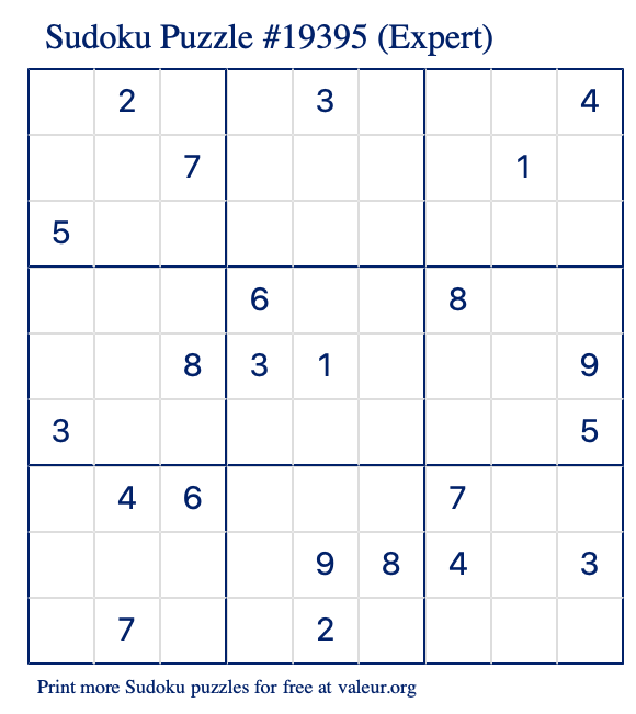 Free Printable Expert Sudoku Puzzle number 19395