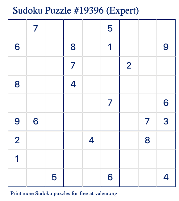 Free Printable Expert Sudoku Puzzle number 19396
