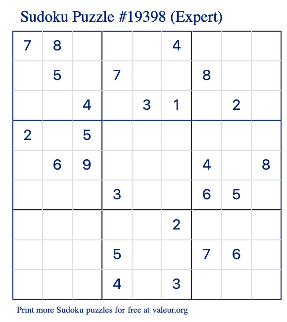 Free Printable Expert Sudoku Puzzle number 19398