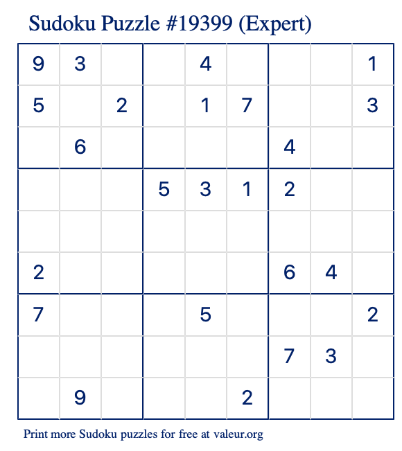 Free Printable Expert Sudoku Puzzle number 19399