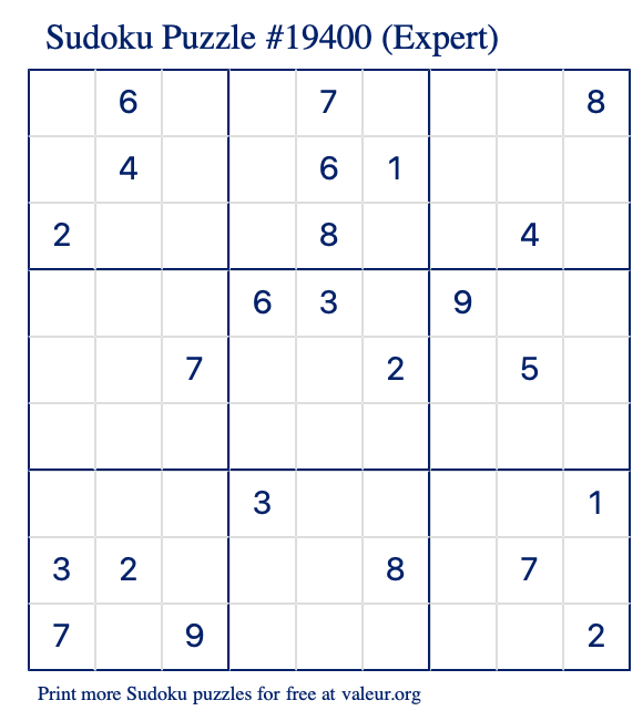 Free Printable Expert Sudoku Puzzle number 19400