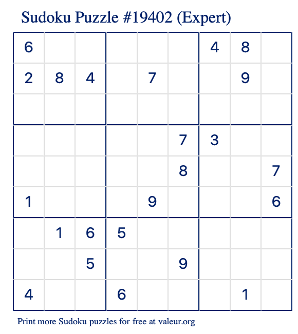 Free Printable Expert Sudoku Puzzle number 19402