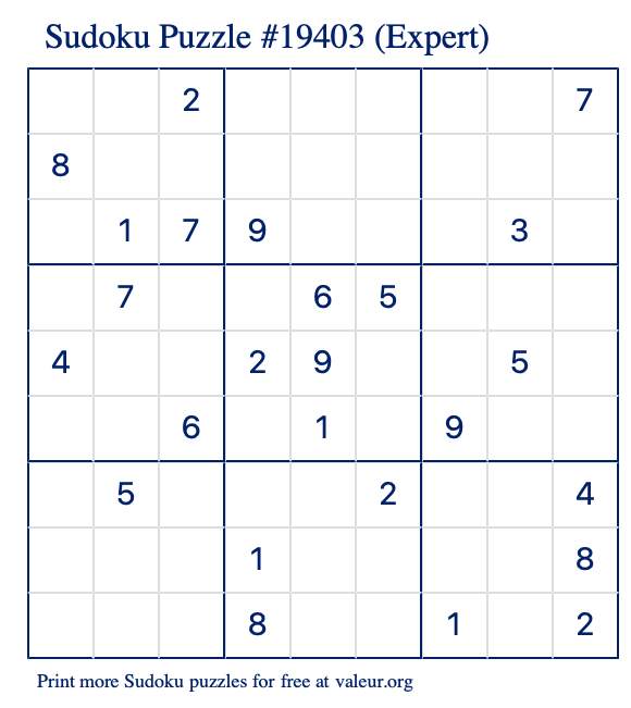 Free Printable Expert Sudoku Puzzle number 19403