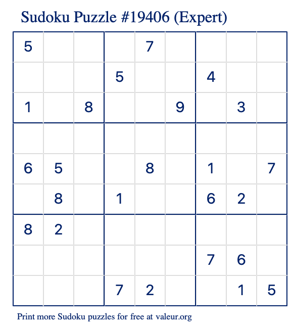 Free Printable Expert Sudoku Puzzle number 19406