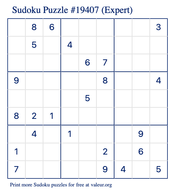 Free Printable Expert Sudoku Puzzle number 19407
