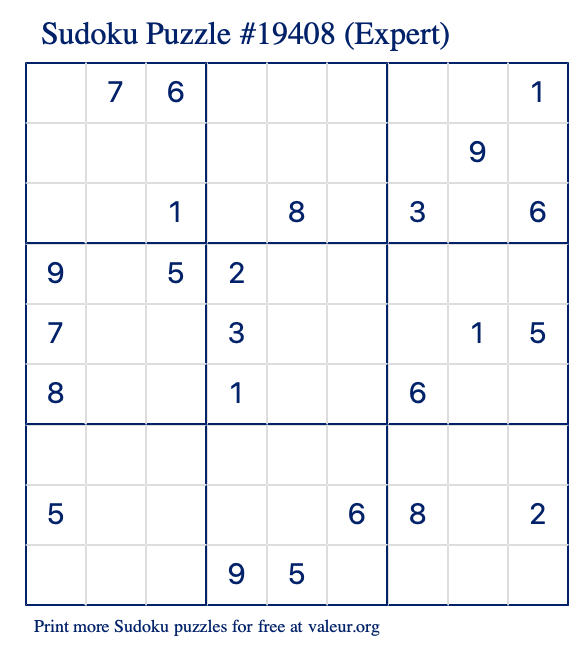 Free Printable Expert Sudoku Puzzle number 19408