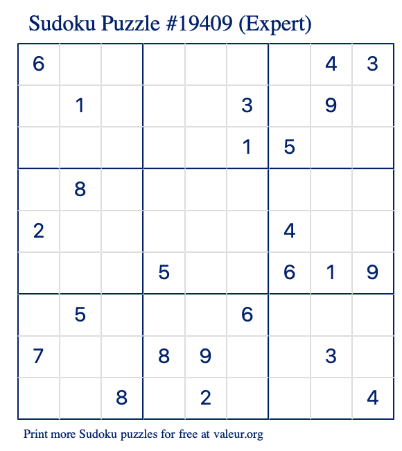 Free Printable Expert Sudoku Puzzle number 19409