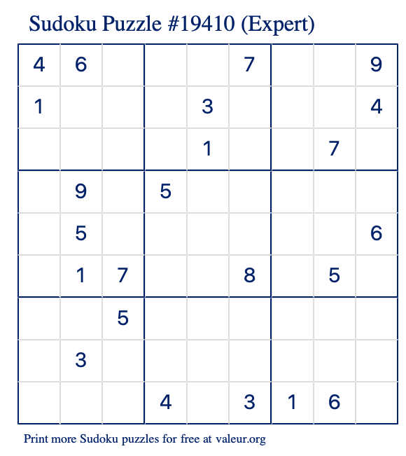 Free Printable Expert Sudoku Puzzle number 19410