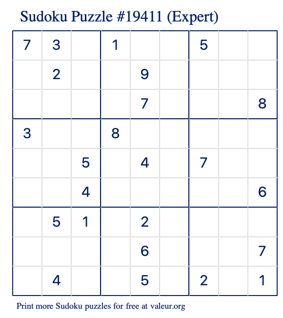 Free Printable Expert Sudoku Puzzle number 19411