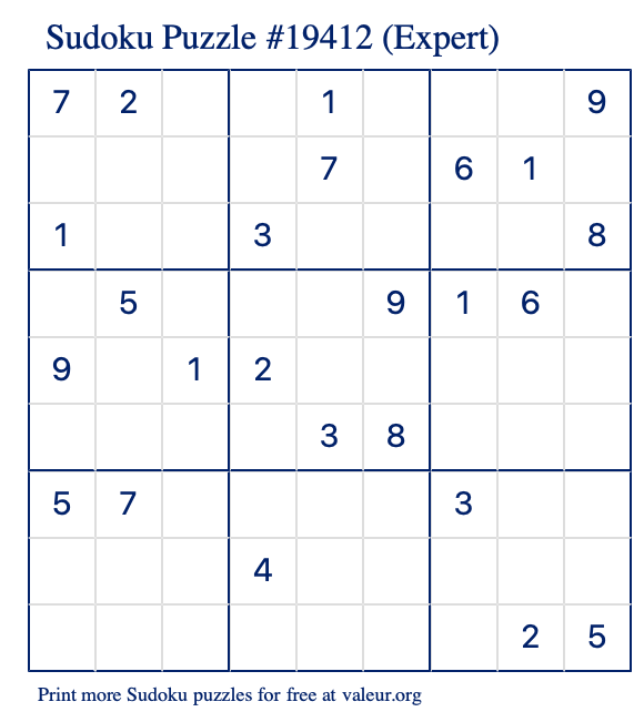 Free Printable Expert Sudoku Puzzle number 19412