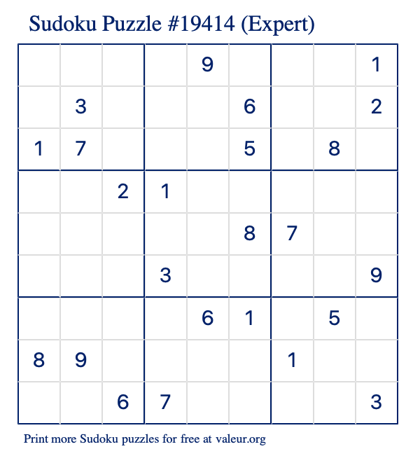 Free Printable Expert Sudoku Puzzle number 19414