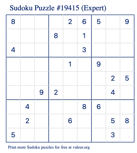 Free Printable Expert Sudoku Puzzle number 19415