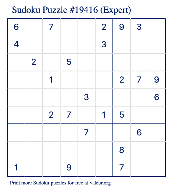 Free Printable Expert Sudoku Puzzle number 19416