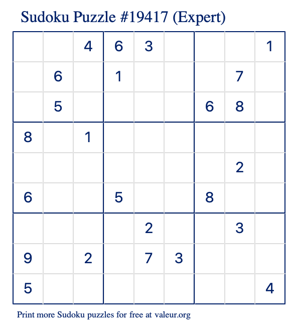 Free Printable Expert Sudoku Puzzle number 19417