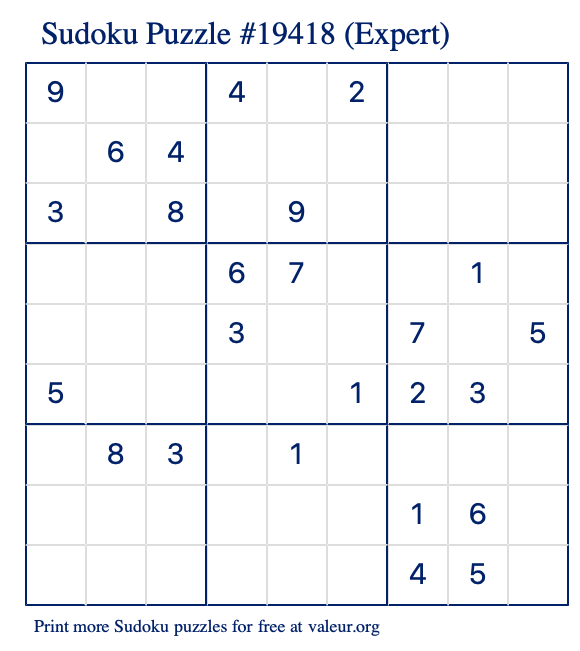 Free Printable Expert Sudoku Puzzle number 19418