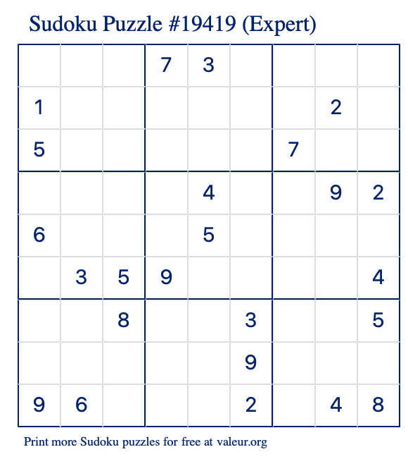 Free Printable Expert Sudoku Puzzle number 19419