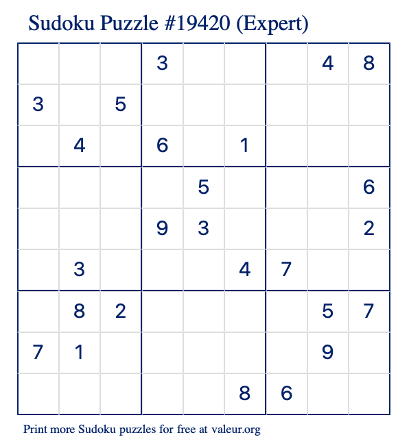 Free Printable Expert Sudoku Puzzle number 19420