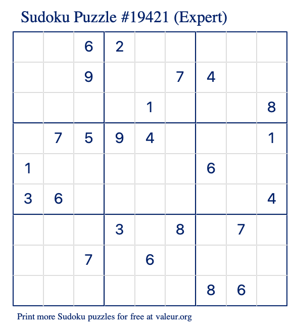 Free Printable Expert Sudoku Puzzle number 19421