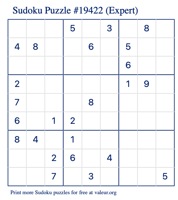 Free Printable Expert Sudoku Puzzle number 19422