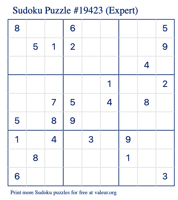 Free Printable Expert Sudoku Puzzle number 19423