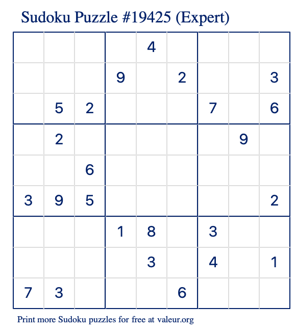 Free Printable Expert Sudoku Puzzle number 19425