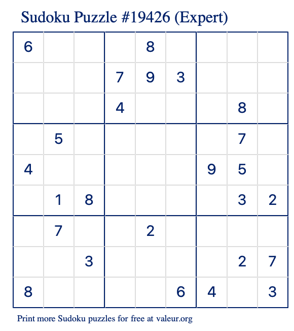 Free Printable Expert Sudoku Puzzle number 19426