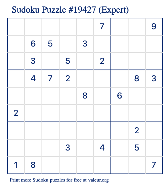 Free Printable Expert Sudoku Puzzle number 19427