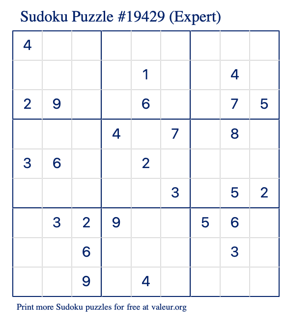 Free Printable Expert Sudoku Puzzle number 19429