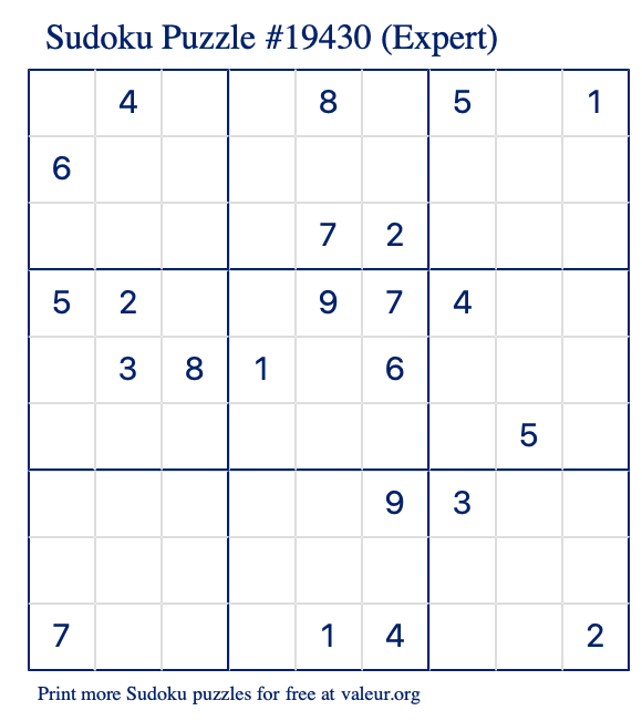 Free Printable Expert Sudoku Puzzle number 19430