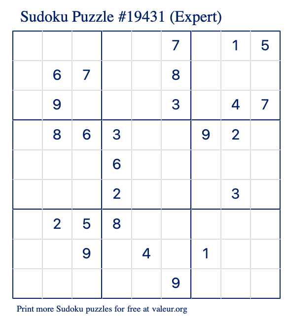 Free Printable Expert Sudoku Puzzle number 19431