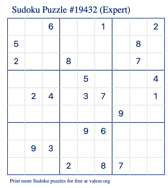 Free Printable Expert Sudoku Puzzle number 19432