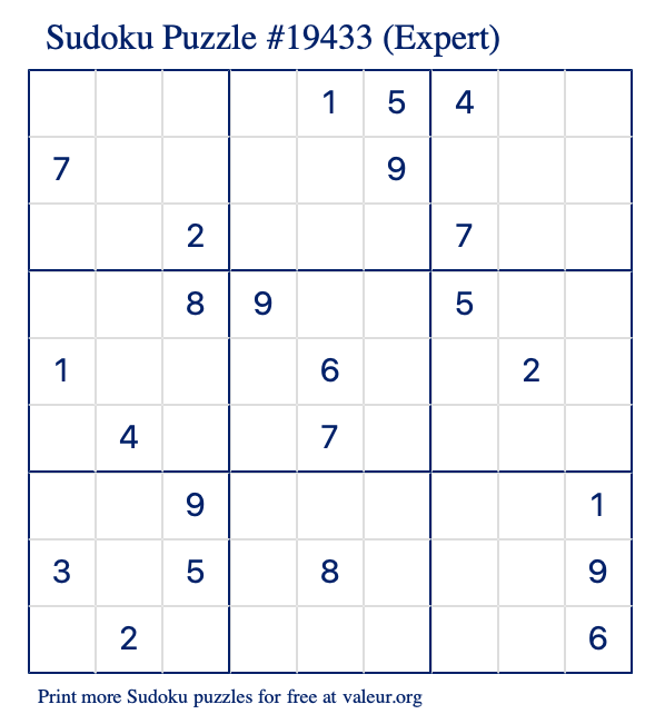 Free Printable Expert Sudoku Puzzle number 19433