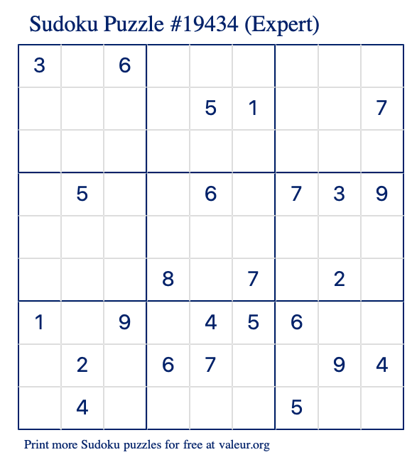 Free Printable Expert Sudoku Puzzle number 19434