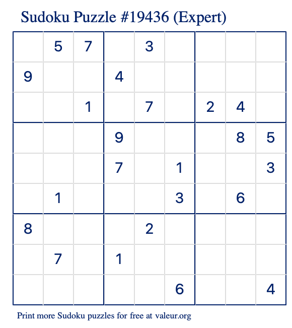 Free Printable Expert Sudoku Puzzle number 19436